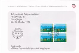 Südwest 94 Sindelfingen. Ausstellungsdokument mit 4er Block