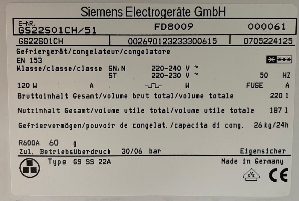 Siemens FD8009, 187 Liter Gefrierschrank, Jahrgang 2001 Kaufen auf Ricardo