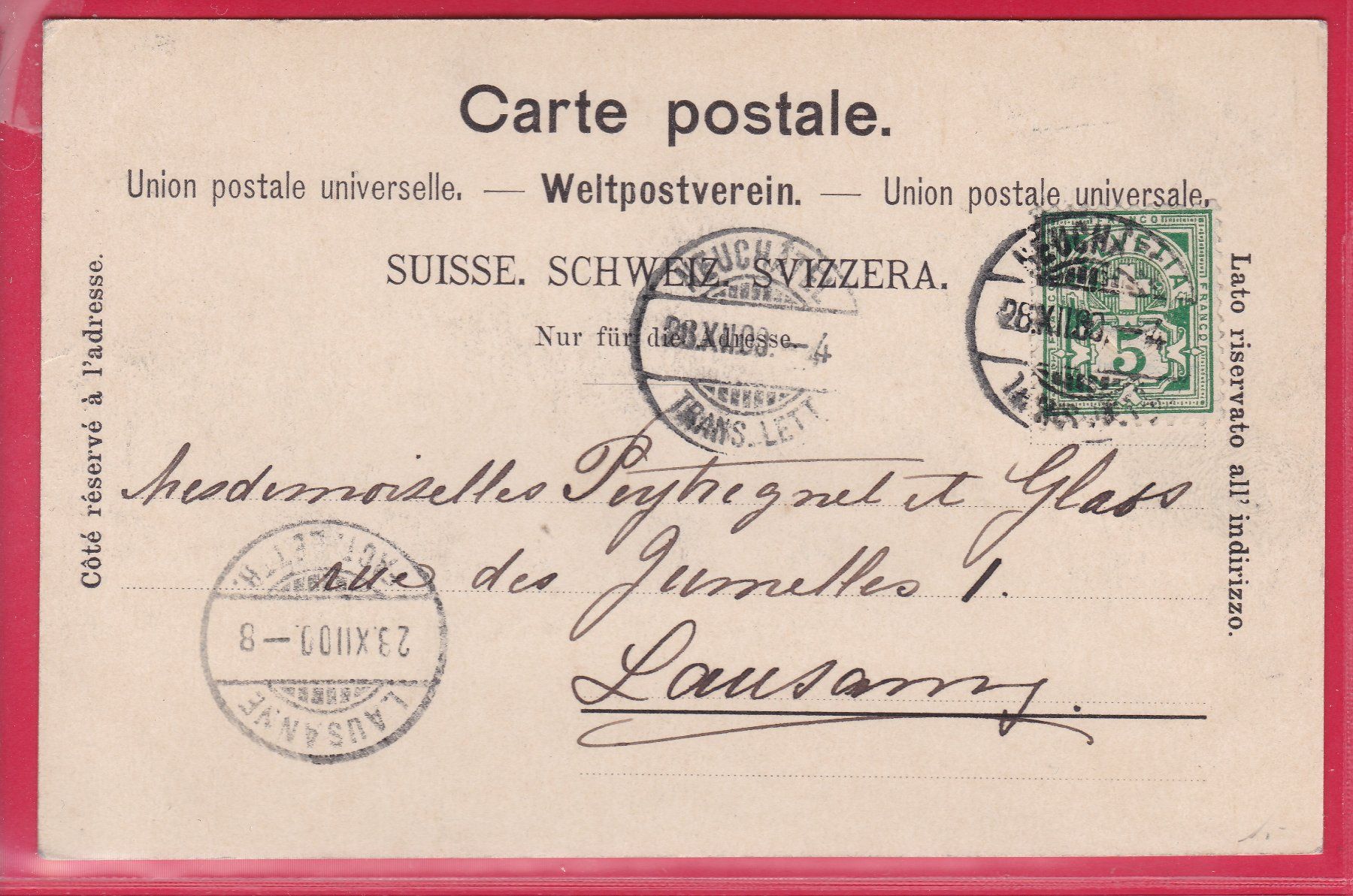 Cartoline postali: CHAMP DU MOULIN, 28.12.1900 – Usato da Oberrieden venduto da Gebirgsstelze 1