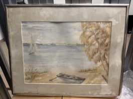 Aquarell Seelandschaft mit Segelboot und Ruderboot A. Girner