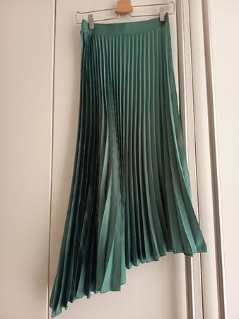 Emerald Green Pleated Asymmetric Midi Skirt