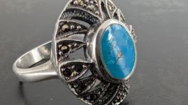 Sunburst Cocktail Ring, Sterling Silber, Türkis mit Pyrit