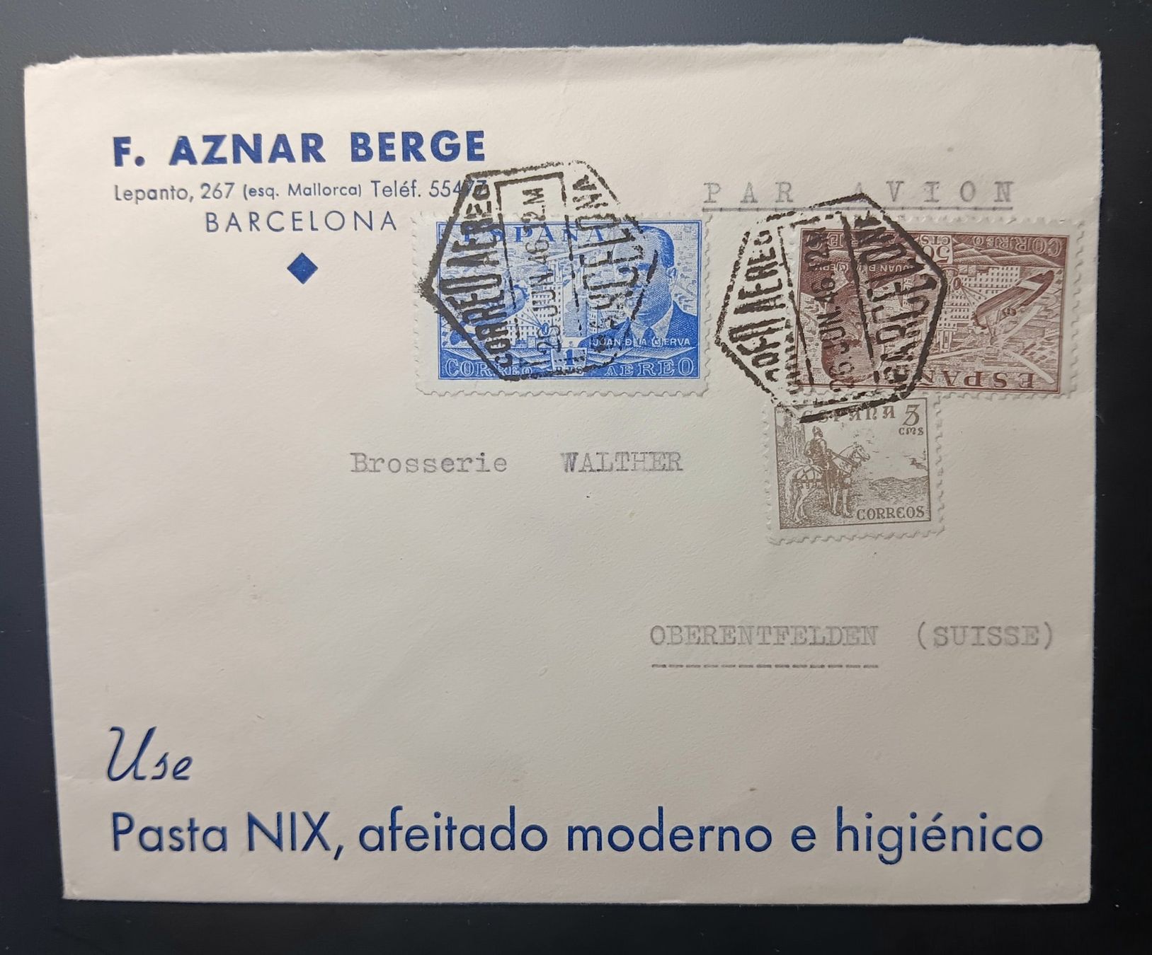 Tutti i francobolli: Spanien Brief, Barcelona - Oberentfelden 1946 – Usato da Holderbank AG venduto da DINOS-PHILA