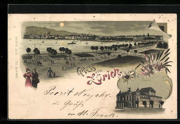 Cartoline postali: Litho Zürich, Theater, Uferpartie, 1898 – Usato da Berlin venduto da bartko-reher
