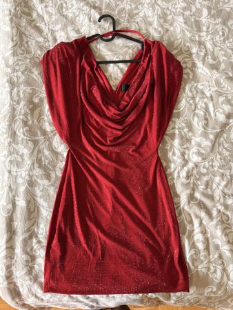 Red sequin draped neckline dress size M new