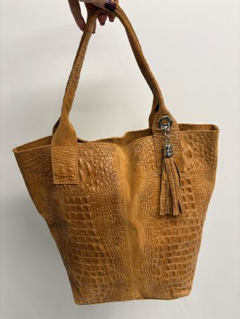 Wunderschöne Leder Shopper in Kroko Optik camel braun Tasche