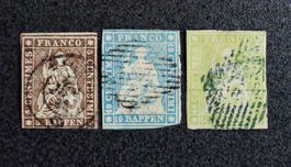 SWITZERLAND 1854 à 1857: «Strubeli», 3 timbres, oblitérés