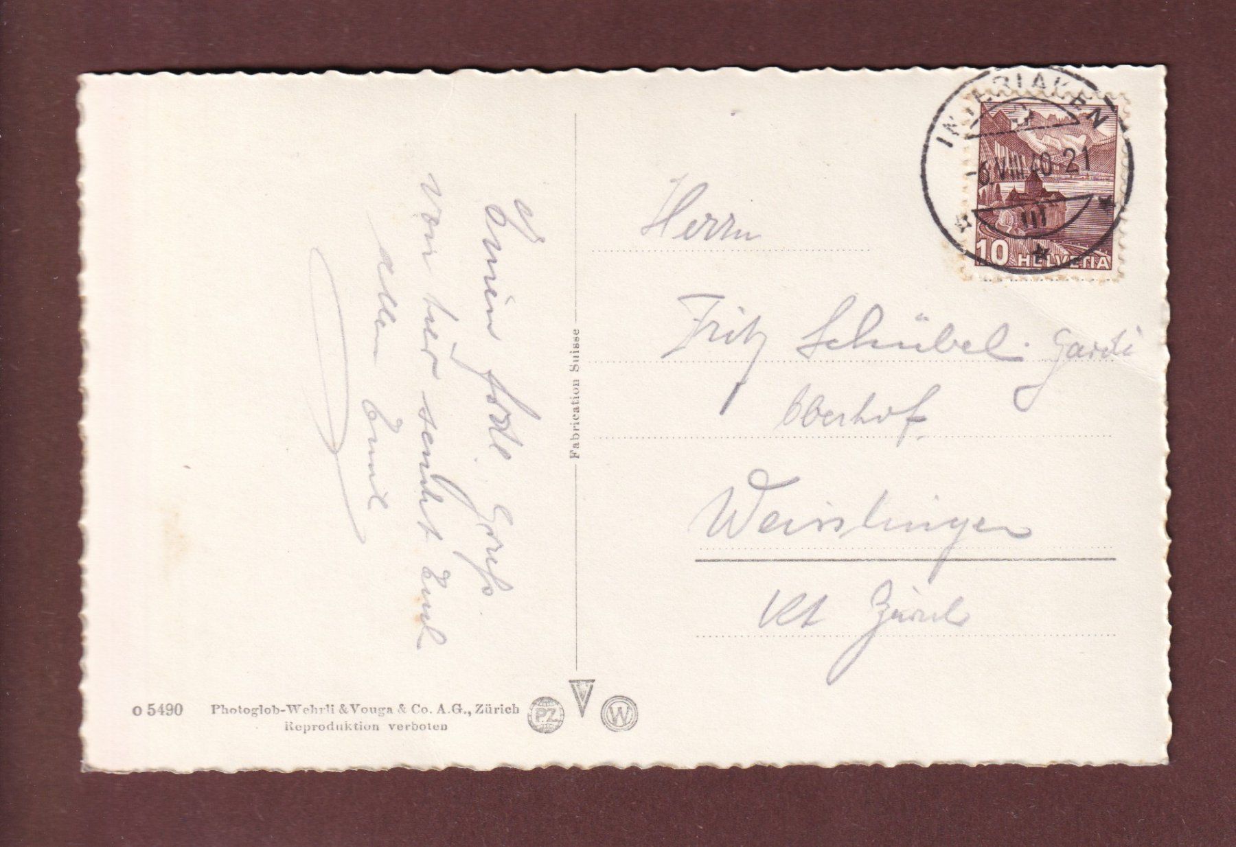 Cartoline postali: INTERLAKEN - Die Kirchen - 1940 – Usato da Pully venduto da nicecards-shop 1