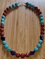 Halskette Türkis & roter Jaspis & Amethyst facettiert 49cm.
