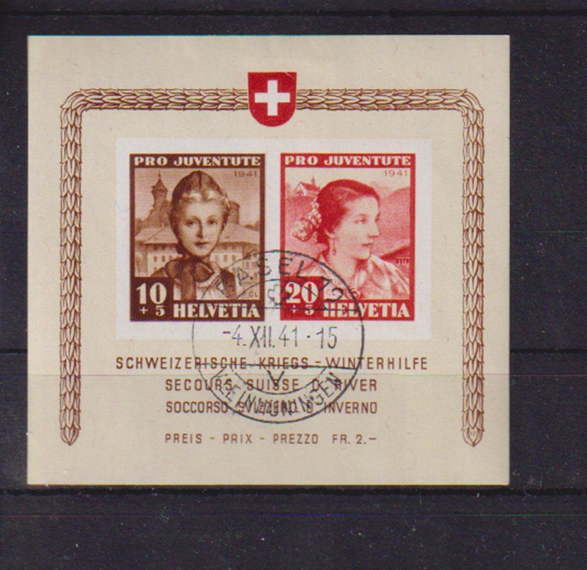 Tutti i francobolli: Winterhilfeblock 1941, schön gestempelt Basel Gundeldingen. – Usato da Dornach venduto da kloster33