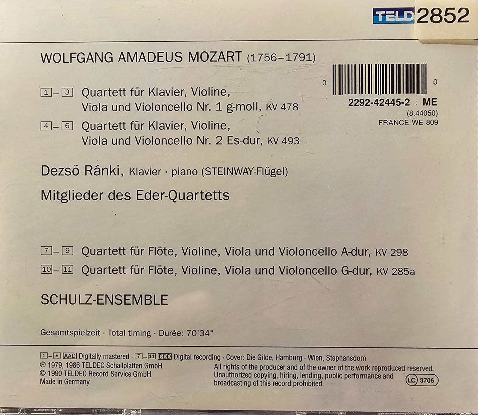 CD: Mozart - Klavierquartette 1 & 2 - Flötenquartette A+G -Dur – Usato da Wahlen b. Laufen venduto da Cg10 1