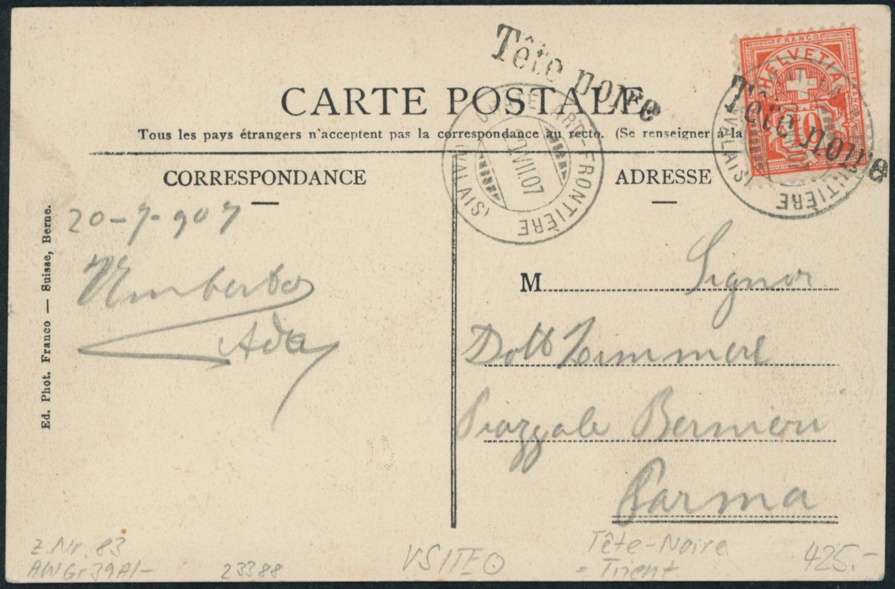 Alle Briefmarken: VS Tête Noir - Stabstempel - Châtelard Frontière - Karte – Gebraucht aus Schindellegi von leecollect