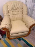 Sessel Leder creme mit Holzapplikation