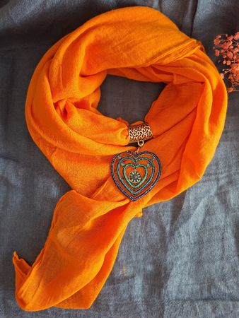 Foulard Orange Bohème Cœur Turquoise