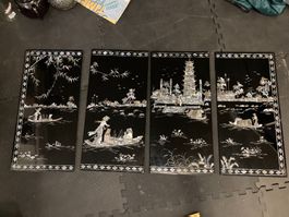 4tlg Perlmutt Wandbilder Vietnam Handarbeit Lack Vintage