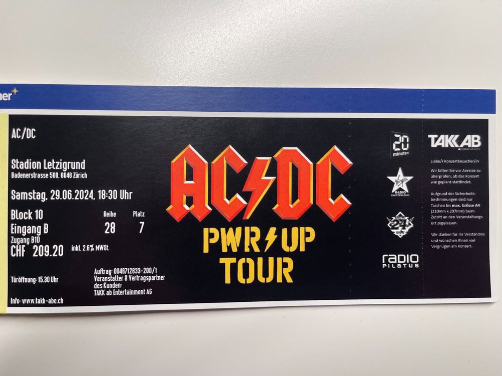 1 Sitzplatz Ticket AC DC Zürich (Gebraucht) in Freienbach für CHF 244 ...