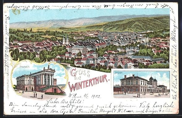 Cartes postales: Litho Winterthur, Bahnhof, Stadthaus, Or – D'occasion à Berlin par bartko-reher