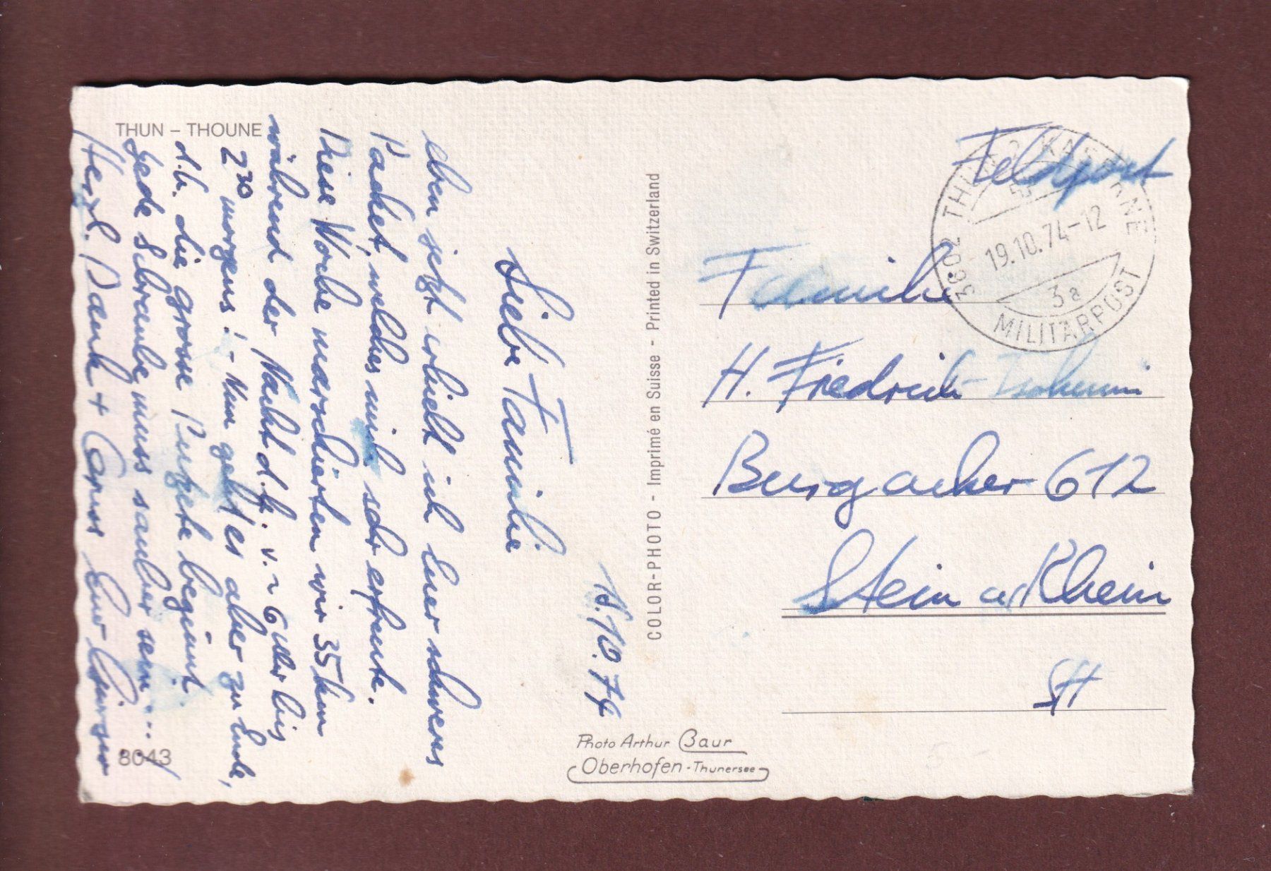 Cartoline postali: THUN - 1974 Feldpost – Usato da Pully venduto da nicecards 1