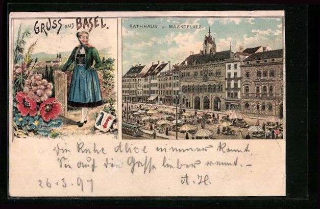 Cartoline postali: Litho Basel, Rathaus und Marktplatz, Tra – Usato da Berlin venduto da bartko-reher