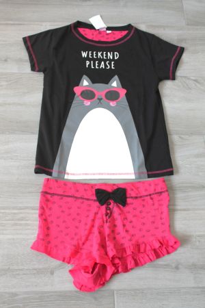 Pyjama d'été rigolo, motif chat et short à froufrous S