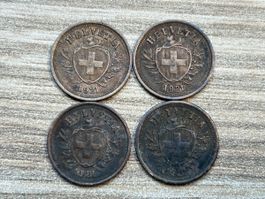 4 x 1 Rappen Münzen, Jahrgang 1921, Helvetia, Schweiz