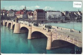 Basel - Mittlere Rheinbrücke mit Schifflände - Tram - Litho