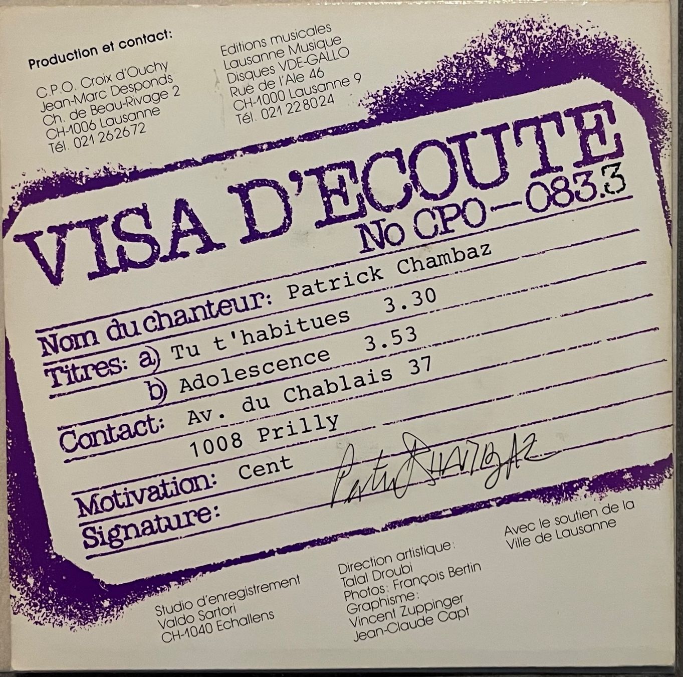 Dischi in vinile: PATRICK CHAMBAZ - TU T'HABITUES – Usato da Bussigny venduto da vinyl-pas-cher 1