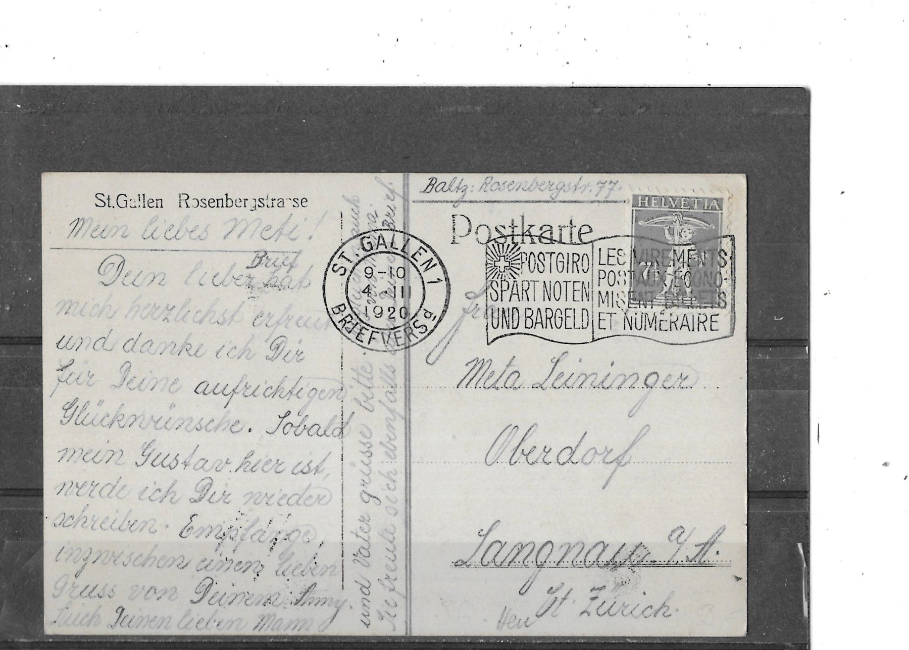 Cartoline postali: SG St.Gallen 1920 Rosenbergstrasse – Usato da Schocherswil venduto da Wilare 1