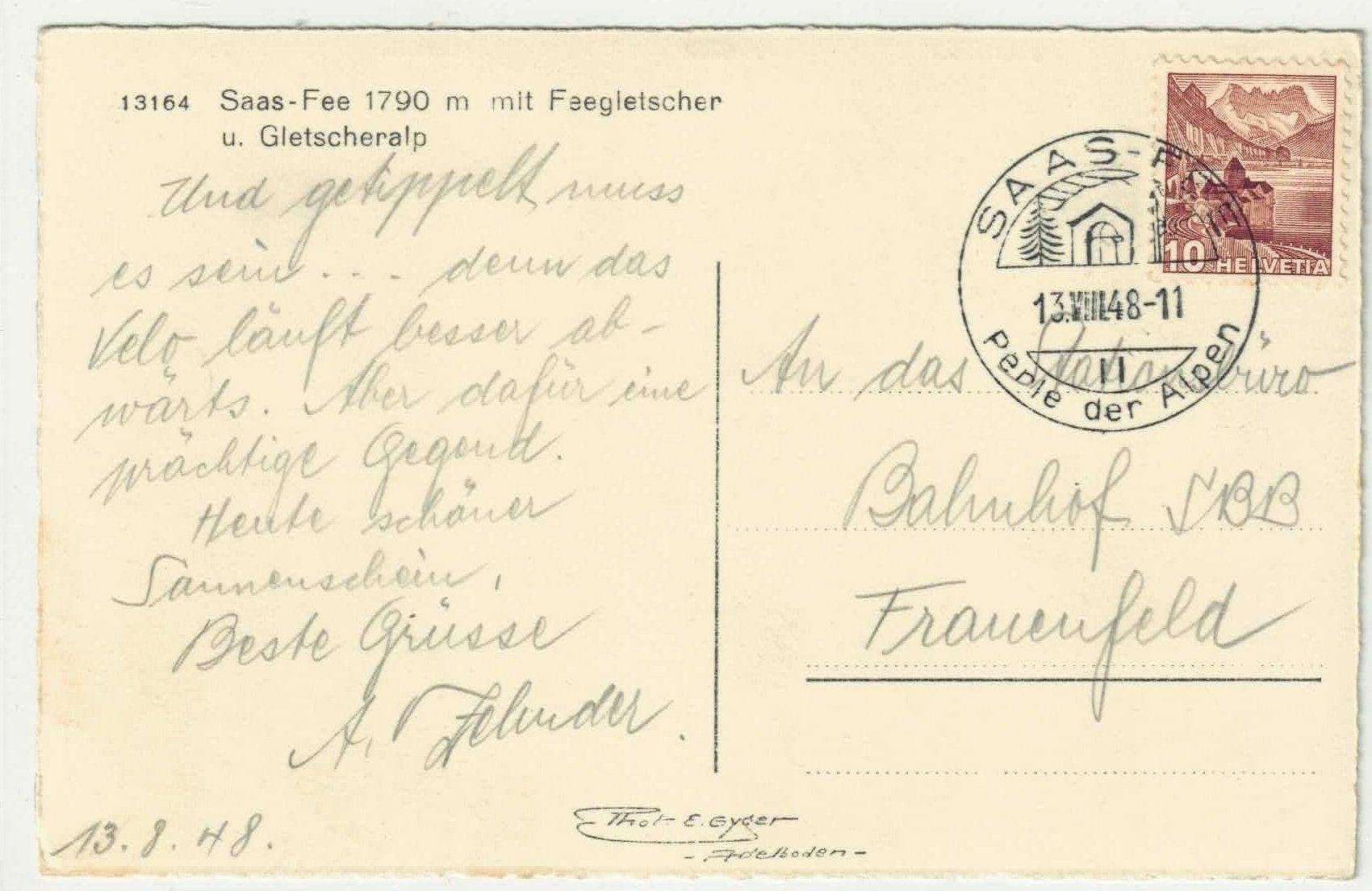 Cartoline postali: Saas-Fee mit Feegletscher u. Gletscheralp - Photo: E. Gyger – Usato da Ettingen venduto da Kartenplanet 1