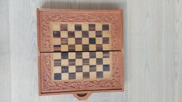 Holz Schach/Backgammon Spielkassette, handgeschnitzt