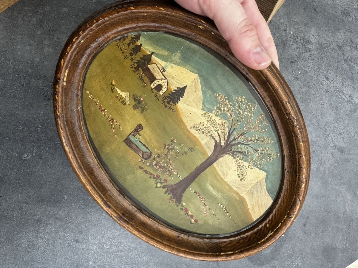 Dipinti: Vintage-Gemälde einer Schweizer Berglandschaft im ovalen Rah – Usato da Seuzach venduto da Wolf936 2