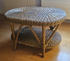 Round Natural Rattan Coffee Table with Storage Shelf