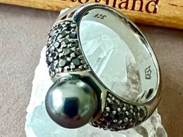 925 Silberring geschwärzt - dunkle Zucht-Perle & Pavé Besatz
