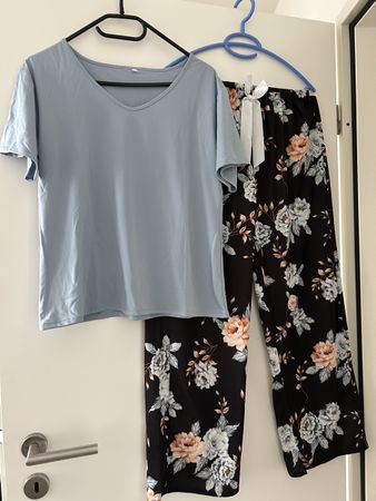 Damen Schlafanzug blau schwarz Blumenmuster zweiteilig M