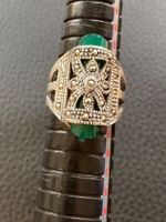 Bague vintage en argent 925 avec marcassites et agate verte