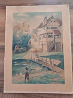 Aquarell Dorf-Szene mit Enten und Personen,