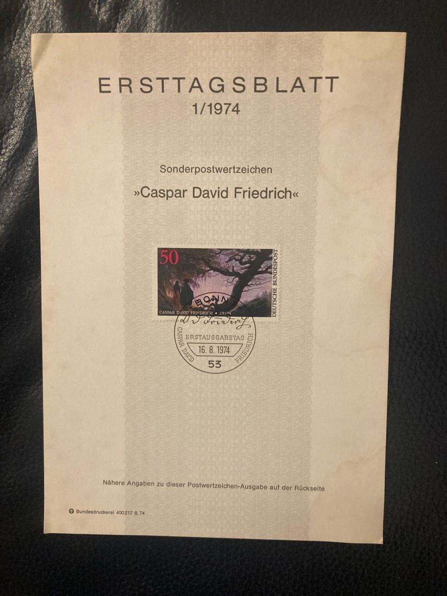 Tutti i francobolli: Caspar David Friedrich, Ersttagsblatt 1/1974 – Usato da Winterthur venduto da silen 2