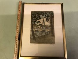 Originale Radierung Zürich Stadt handkoloriert gerahmt 31x24