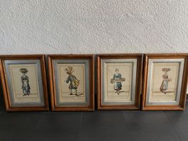 4 Antike Drucke, gerahmt, Berufe