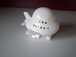 herziges Spar Kässeli Sparschwein Flugzeug Porzellan weiss