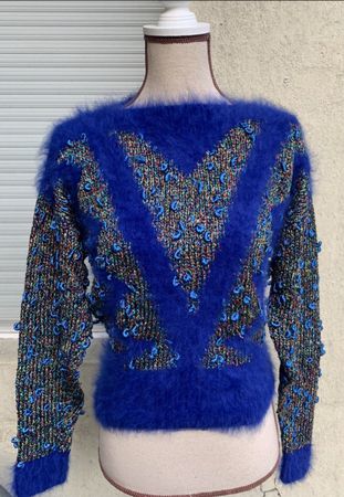 Splendide pull tricot en mohair bleu roi & lurex multicolore
