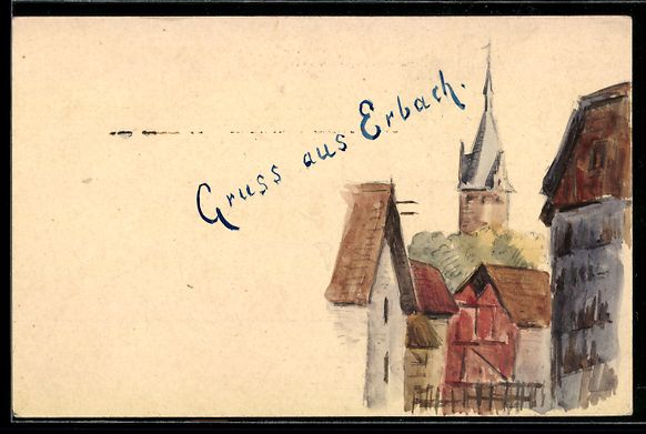 Cartoline postali: Handgemalt: Erbach /Odenwald, Ortspartie – Usato da Berlin venduto da bartko-reher