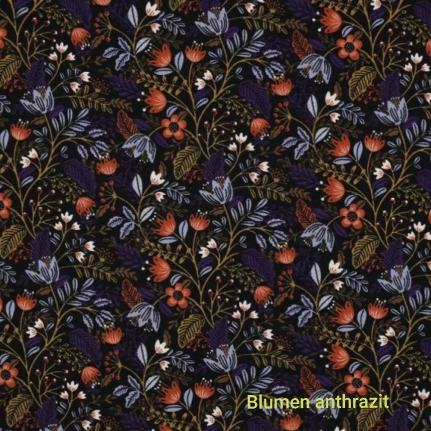 Stoffe: Baumwolljersey Blumen - anthrazit – Neu und originalverpackt aus Steg im Tösstal von J.Kreisl