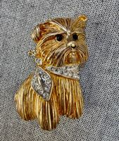 Brosche Hund Carven goldfarben mit Steinen guter Zustand