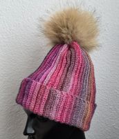 Warme Wintermütze, gestrickt, mit Fellbommel, Handmade