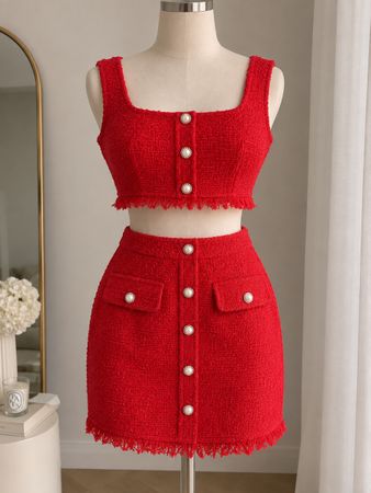 Damen Zweiteiler Set rot Tweed mit Perlenknöpfen neu
