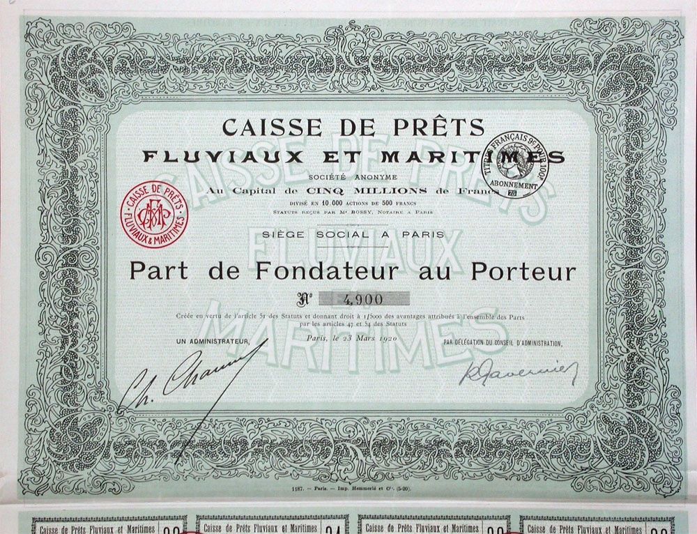 Documenti: Caisse de Prêts Fluviaux et Maritimes SA, Paris - 1920 – Usato da Solothurn venduto da Sgasche