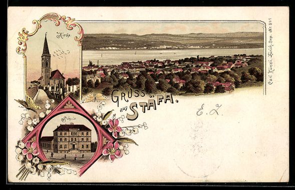 Cartoline postali: Litho Stäfa, Schule, Kirche, Panoramabl – Usato da Berlin venduto da bartko-reher