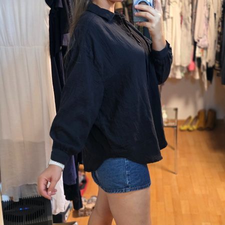 Musselin Bluse Schwarz M Baumwolle Oversize Boho