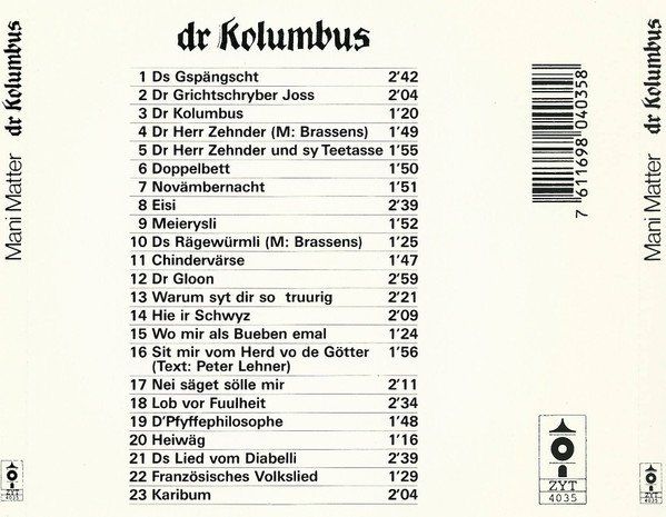 CD: Mani Matter – Dr Kolumbus - a – Usato da Brittnau venduto da Zibu 1